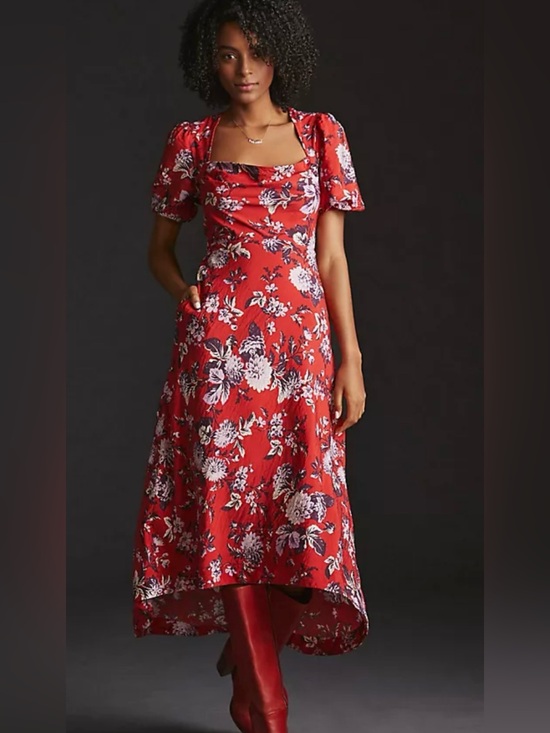 Anthropologie Dresses & Skirts - NWT Anthropologie Red Floral Puff-Sleeve Dress SZ SM pit2pit17”waist 16” L 56”